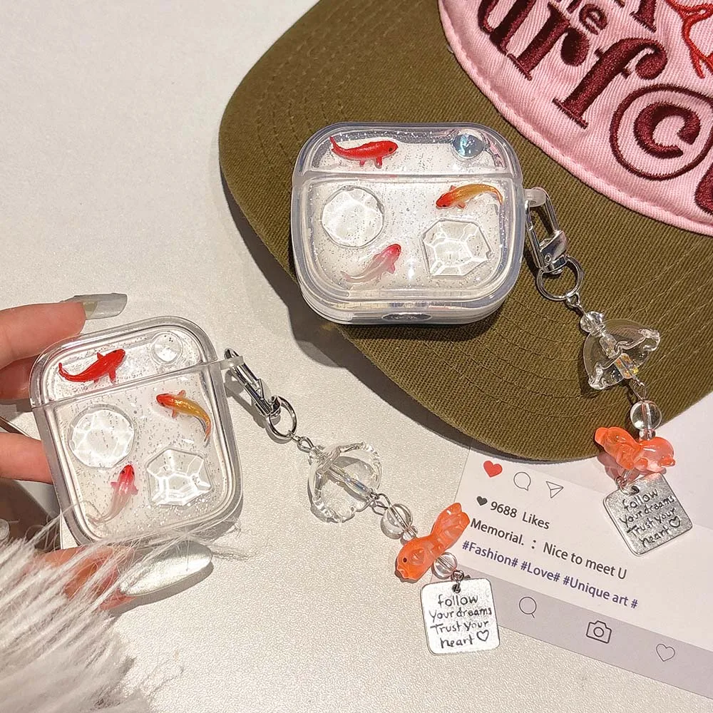 شفافة سمك الشبوط لطيف ثلاثية الأبعاد قلادة بلينغ حقيبة سماعة الاذن لابل airpods 4 3 2 برو 1/2 سماعة لاسلكية تعمل بالبلوتوث غطاء صندوق شحن