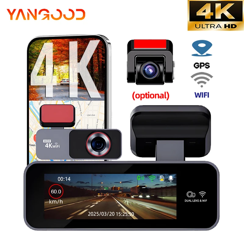 

Видеорегистратор Yangood 4K Ultra HD с ночным видением, поддержкой GPS/Wi-Fi и круглосуточным мониторингом парковки