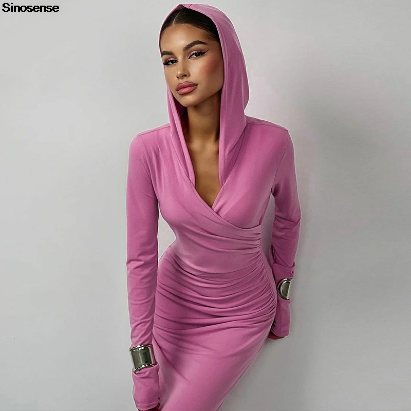 

Women Autumn Winter Pullover Maxi Hoodie Dress Sexy Wrap V Neck Ruched Slim Fitted Tight Dress Casual Daily Wear Sports Dress