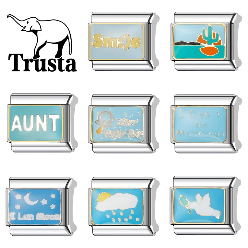 Trusta 2026 New Fashion New Baby Boy AUNT Italian Charm Links Stainless Steel Fit 9mm Bracelet Making Diy Jewelry Wholesale N619