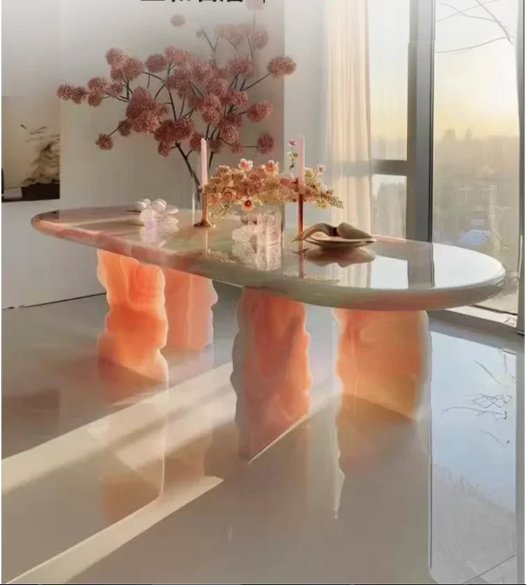 Luminous jade table powder jade marble light luxury large flat layer modern art natural white jade agate dining table