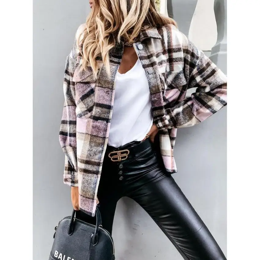 Feminino longo sved lapela xadrez irt jaet outono faion senhoras premium lã outerwear único botão fechamento poliéster