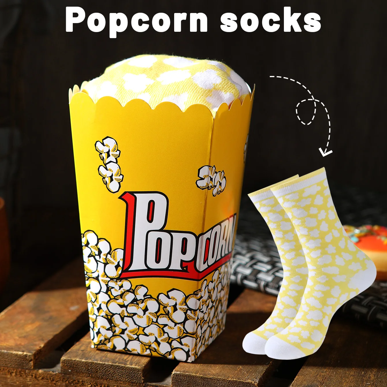 1 Pair of Unisex Mid-Calf Socks, Novelty and Fun Popcorn Gift Box Socks, Creative Socks, Fashionable Style, Comfortable and Breathable, Suitable for Parties, Casual Wear, Valentine's Day, Halloween, Birthdays, Christmas, New Year, Thanksgiving, Autumn and Winter, All-Season Styles, Creative Gift Box