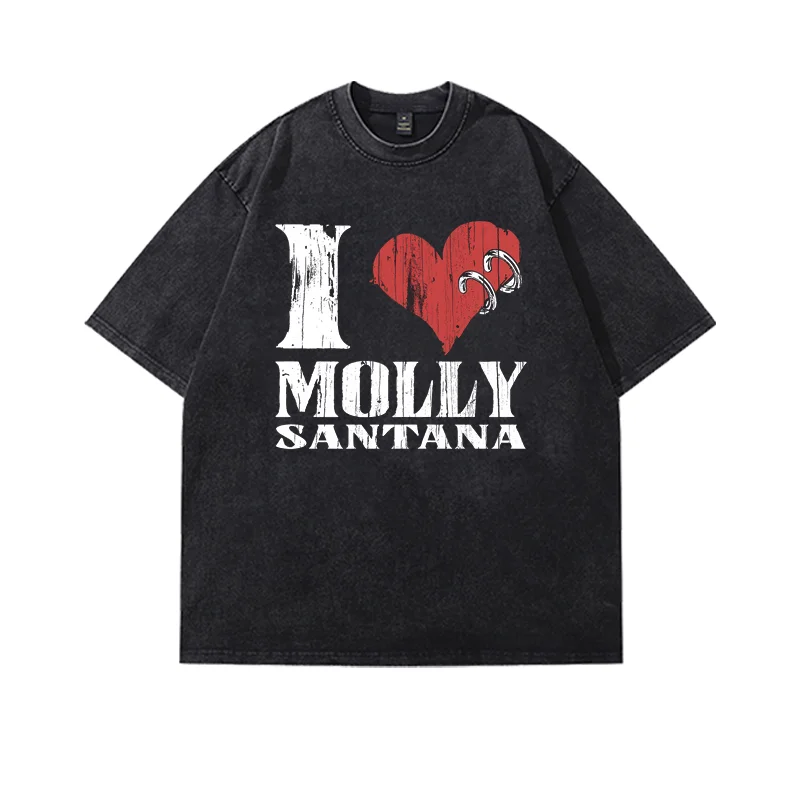 I Love Molly Santana Print Dirtyfit T-shirt Short-sleeved Washed Denim Fashion Casual Summer Cotton Stylish Design Tee