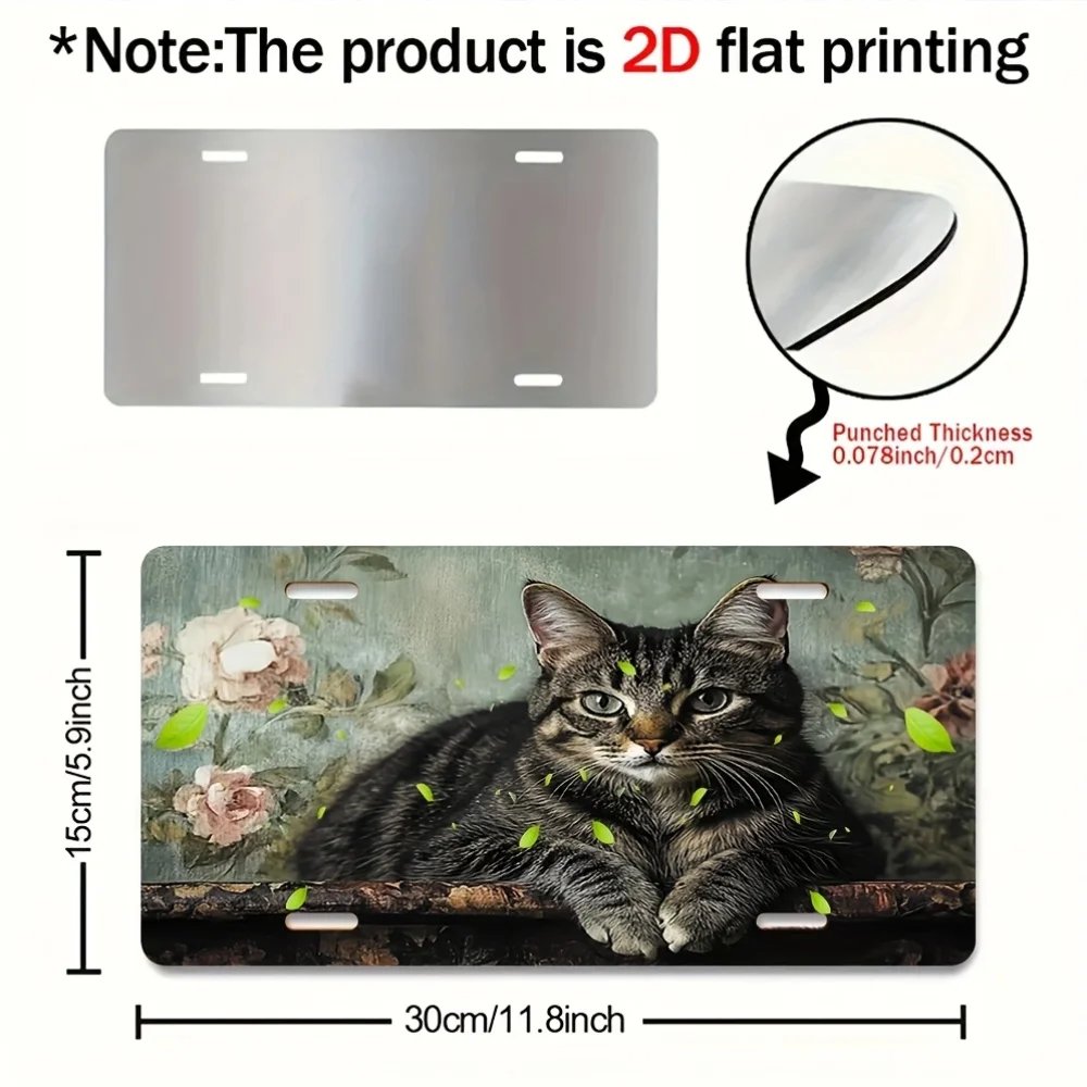 2D Flat Car License Plate Featuring a Cat Design with aFloral Background,Made Of,And Printed Using Scratch-Resistant UV Printing