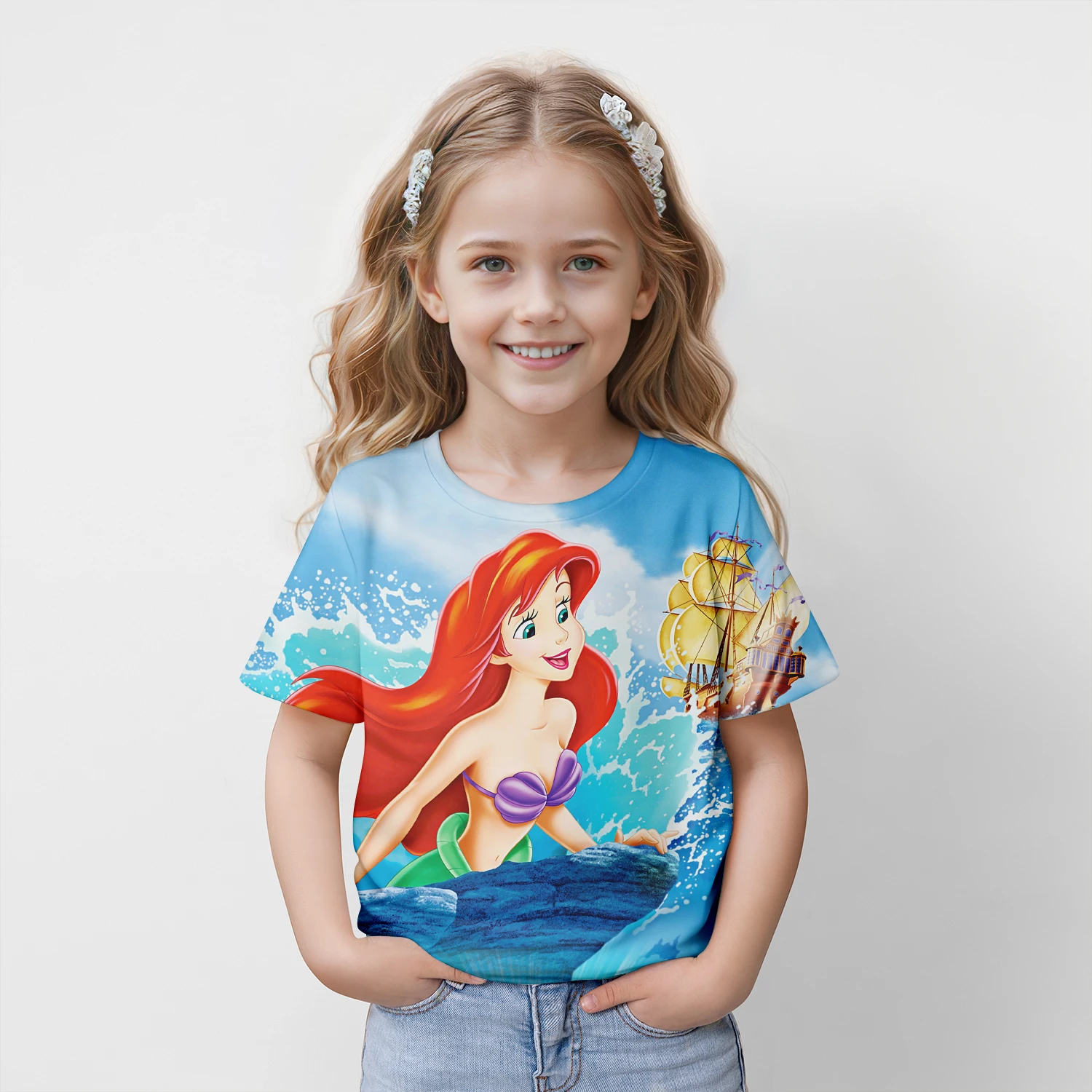 MINISO Disney The Little Mermaid 2024 Summer 4-14 Years Children Kids Cool Boy Cute Girls Lightweight 3D Print T-Shirt Tops