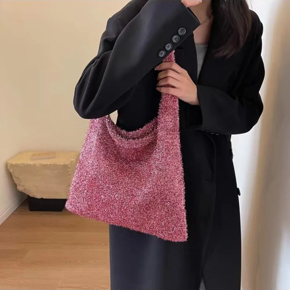 Fashion Knitted Underarm Bag Single Shoulder Large Capacity Shoulder Bag BlingBling Solid Color Women's Bag Women