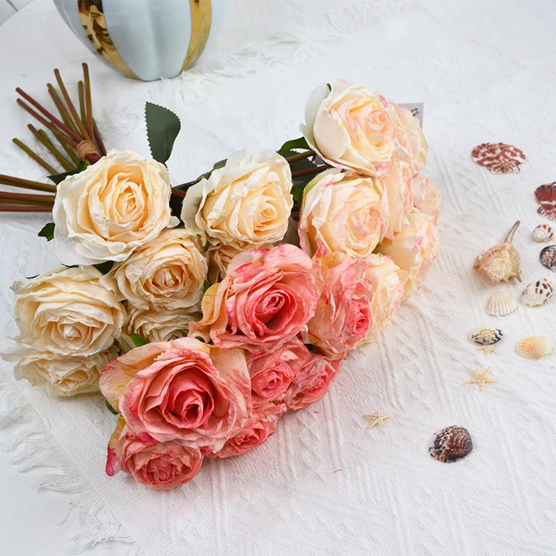 باقة زهور صناعية واحدة 7 رؤوس تأثير محروق محاكاة وردة بلغاريا لحفل الزفاف باقة العروس ديكور طاولة المنزل