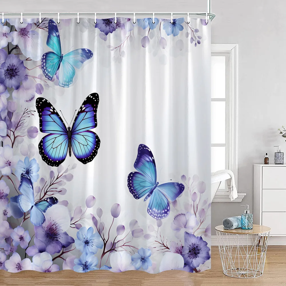 Blue Butterfly Shower Curtains Romantic Purple Floral Watercolour Art Bath Curtain Set Fabric Bathroom Bathtub Decor with Hooks