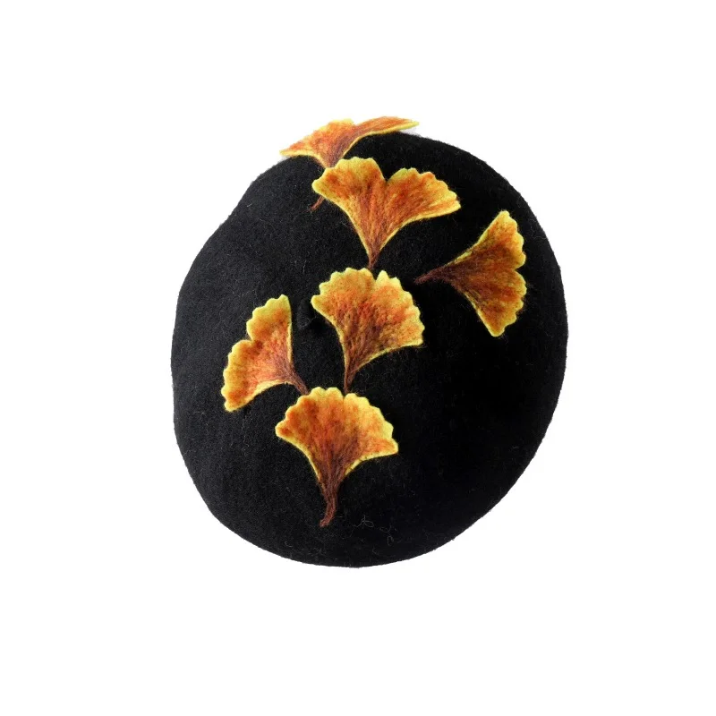 Handmade ginkgo leaves wool beret hat female  hat autumn wool felt painter cap warm thick pea newsboy hat outdoor