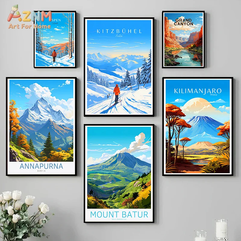 Affiche sur toile sans cadre AZNM, impression de voyage en montagne, station de ski, sommet volcanique, paysage naturel, vintage, aventure en plein air, tourisme