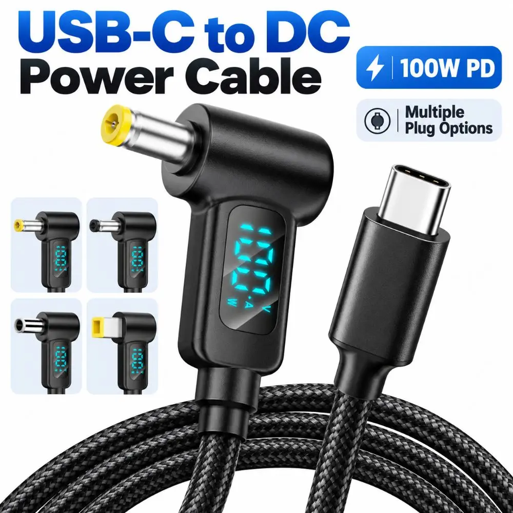 100W PD USB-C to DC Cable Digital Display 20V Output Laptop Power Adapter Cable Right Angle Connector Nylon Braided