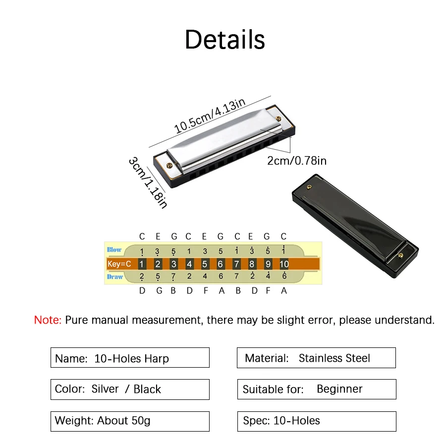 Major Blues Diatonic Harmonica C Key 10 Holes 20 Tones Jazz Folk Harp with Hard Case for Beginner Adults Students, Silvery/Black