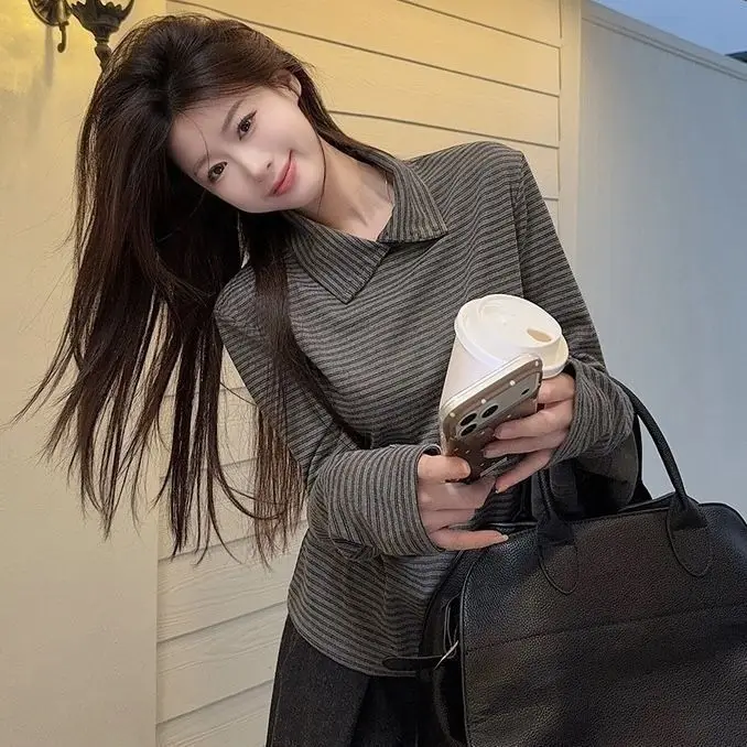 

Термофутболка Slim Fit с длинным рукавом на пуговицах в корейском стиле, в полоску, осенне-зимняя, модная, универсальная, женская