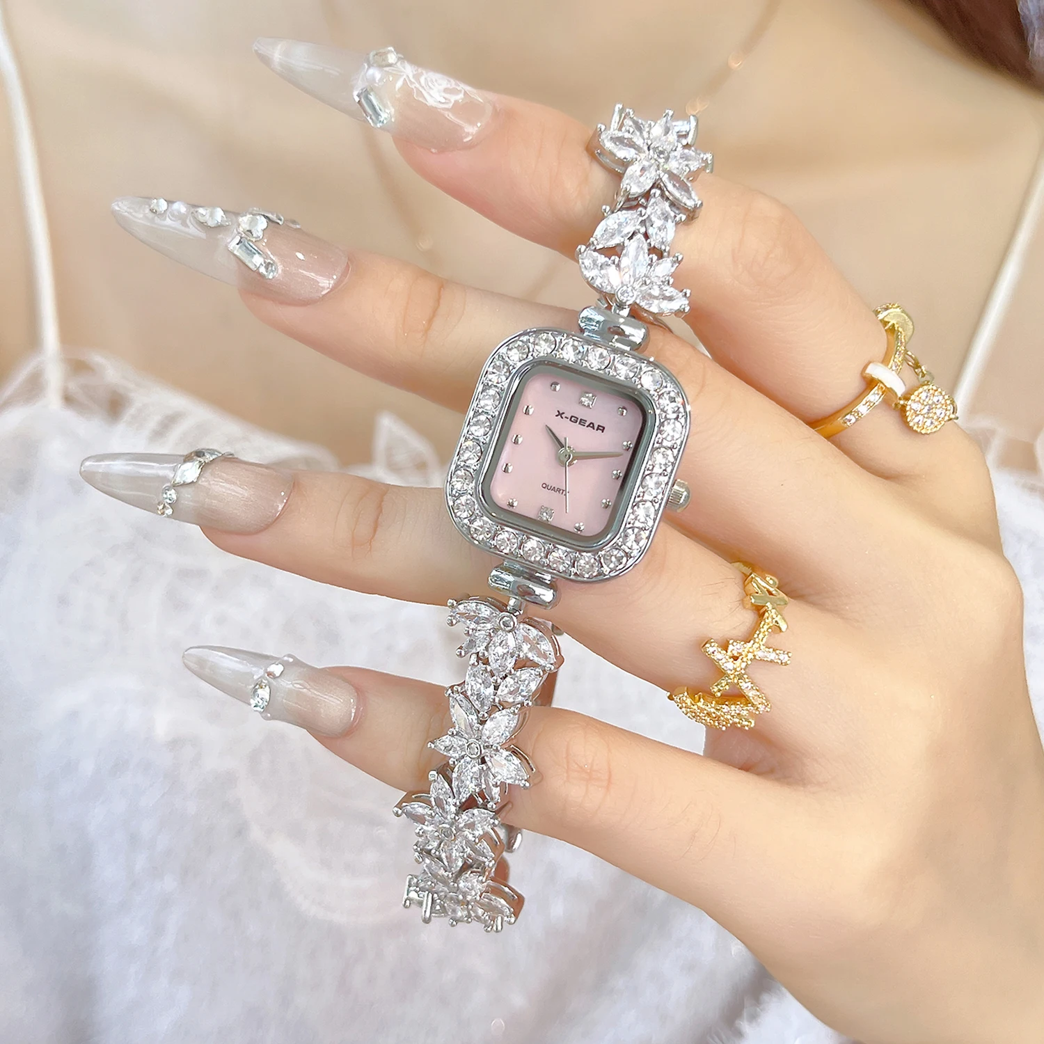 X-GEAR Women's Quartz Watch - Crystal-Embedded Steel Bracelet, Designer Square Wristwatch