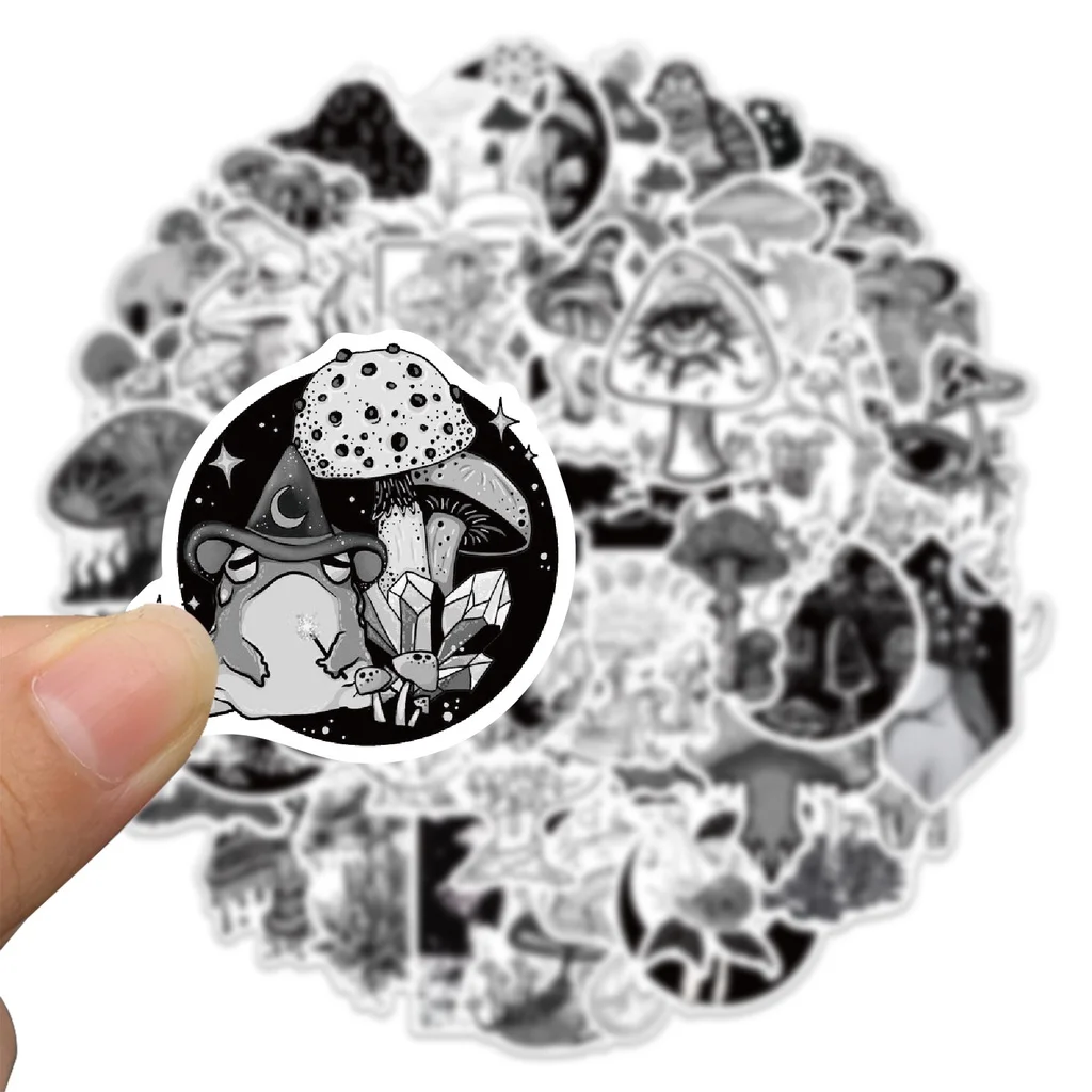 50Pcs Black and White Gothic Style Mushroom Stickers For Luggage Notebook Decal Reforged Glory