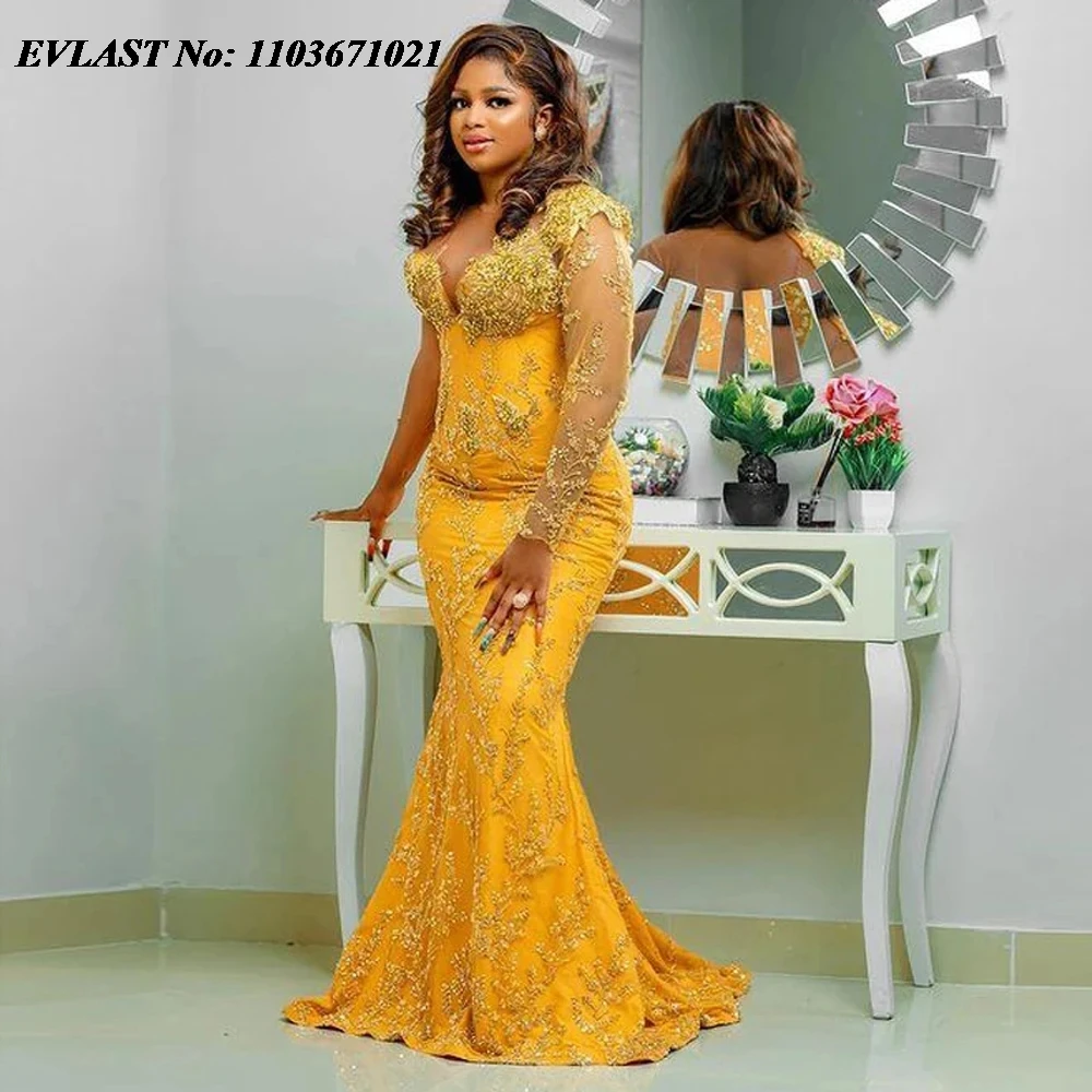 

EVLAST Plus Size Gold Lace African Formal Dress Mermaid Prom Gown Aso Ebi Wedding Reception Dress Black Women Party Dress P116