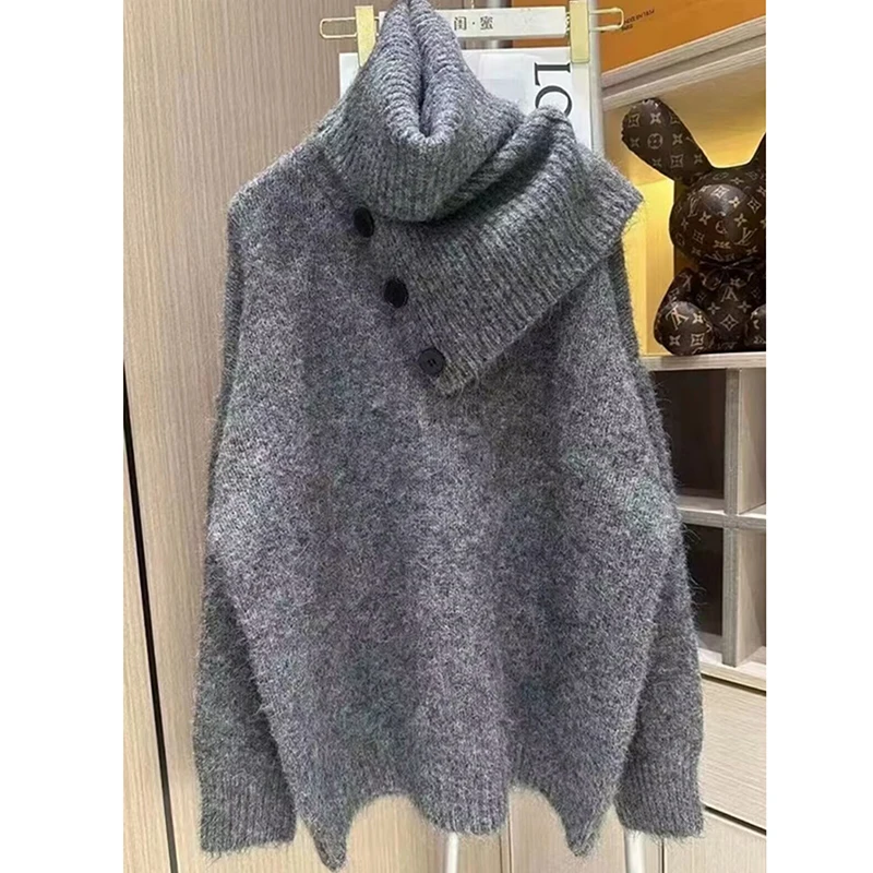 Women's Vintage Long-Sleeved Turtleneck Sweater, Warm Pullover Chic Top, Detachable Bib, Western Style, Mid-Length, Autumn, 2026