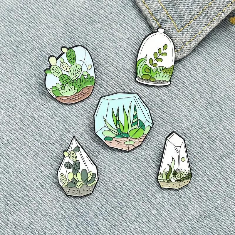 Potted Plant Enamel Pins Custom Terrarium Cactus Aloe Brooches Bag Clothes Lapel Pin Green Plant Badge Jewelry Gift for Friends