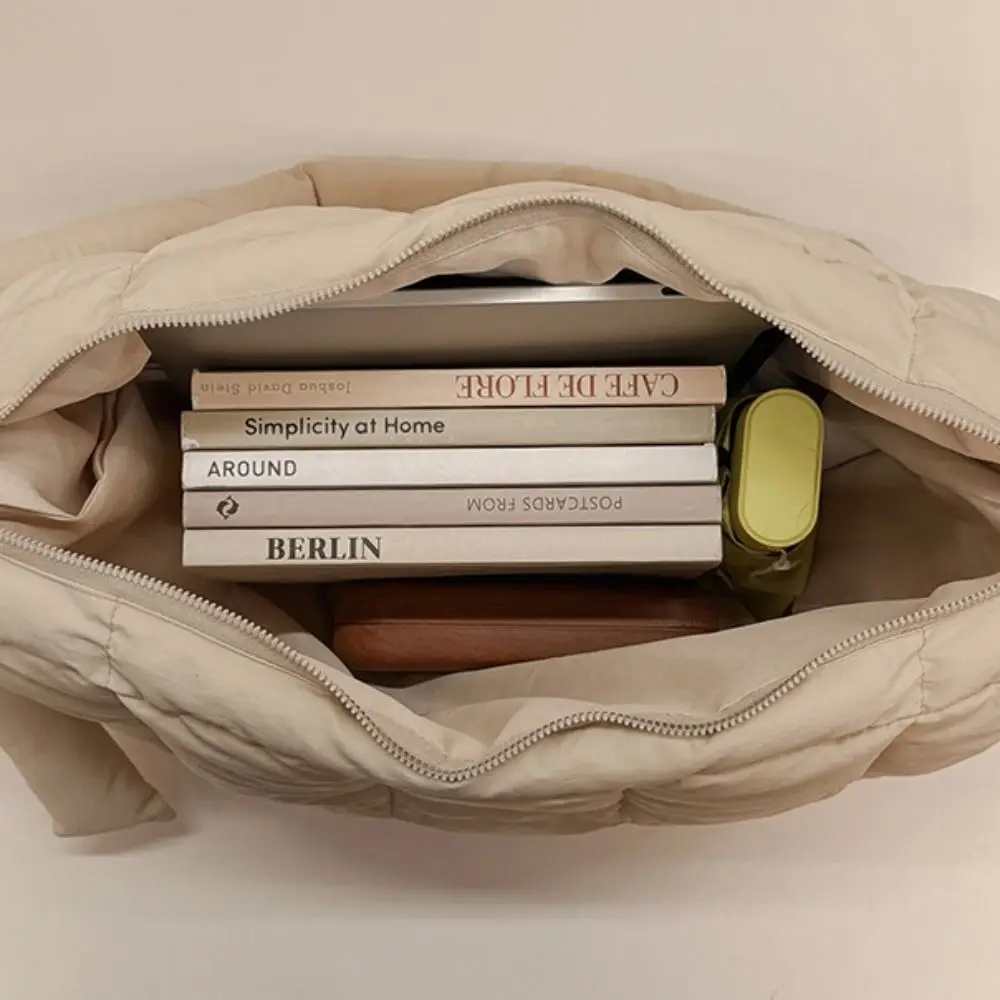 

Korean Style Down Cotton Crossbody Bag Large Capacity Bow Pendant Nylon Quilted Handbag Padded Solid Color Dumpling Bag Ladies