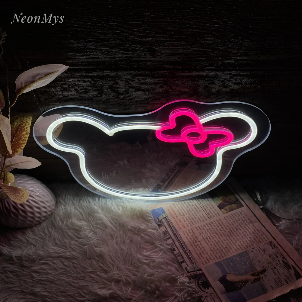 Cute Cat Bow knot Mirror Neon Sign for Bedroom Decor Beauty Shop and Studio Decor Wall Mounted Makeup Mirror and Wall Art Gifts