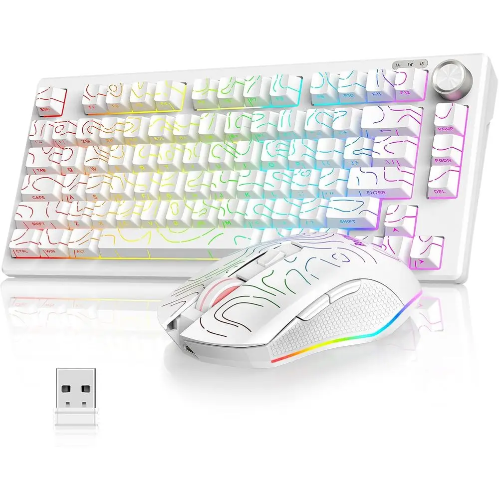 75% Membrane Keyboard with Side-Engraved Keys, Optical Gaming Mouse 4800DPI, 3-Mode Connectivity, Dual System, RGB Backlit, Rech