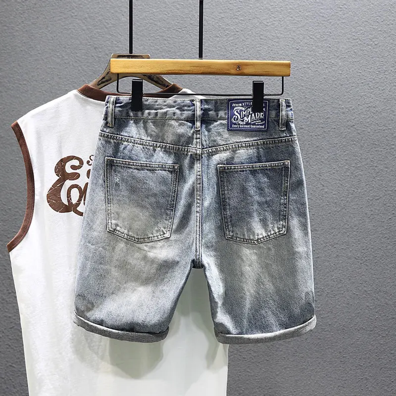 Streetwear Fashion Men Jeans Retro Blue Summer Vintage Short Ripped Jeans Hombre Embroidery Designer Hip Hop Denim Shorts Men