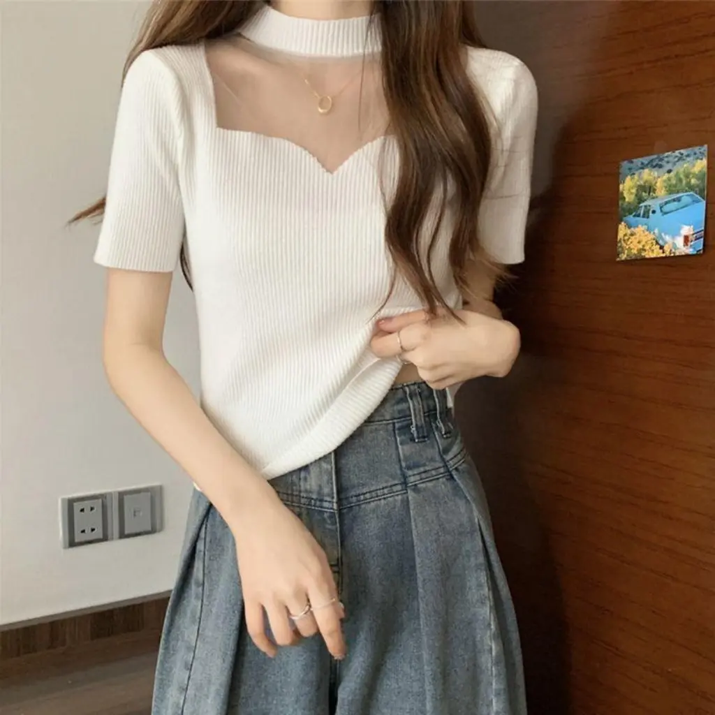

plus Size Summer Ice Silk Base Shirt Short-Sleeved Belly-Covering Hollow-Out Retro Slimming T-Shirt for Chubby Women