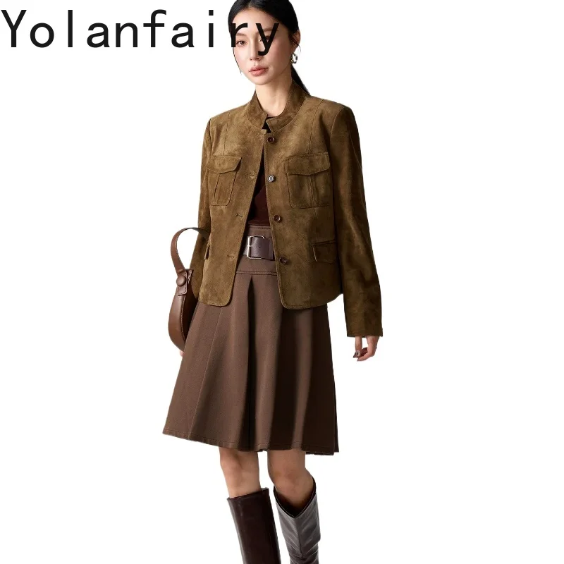 YOLANFAIRY Vintage Brown Suede Sheepskin Genuine Leather Jacket Women Petite Cropped Real Leather Coat Elegant High-end jaqueta