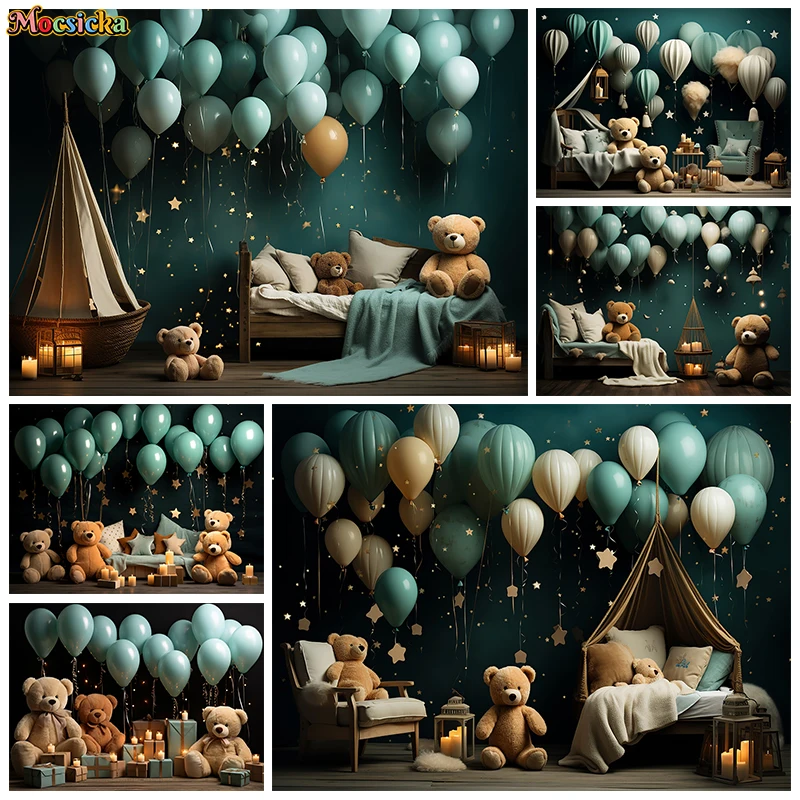 

Mocsicka Birthday Background For Photography Dark Green Wall Star Balloon Bear Baby Shower Girl Backdrop Children Photo Studio