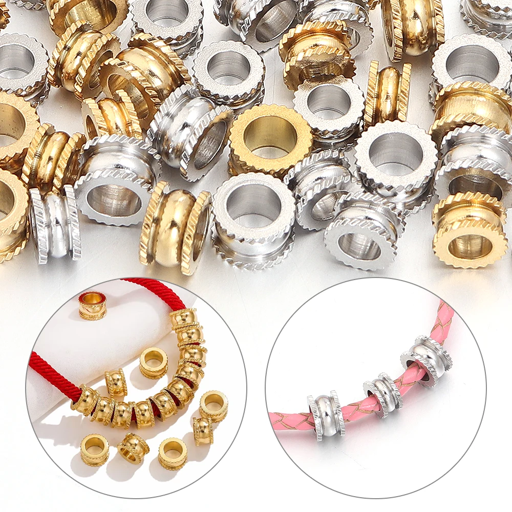 10-20pcs/lot Stainless Steel Large Hole Spacer Beads Gear Edge Cylinder Loose Beads for DIY Bracelet Necklace Jewelry Making