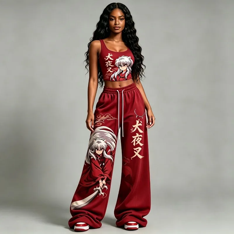 Women Lady Anime Inuyasha Print 2 Piece Outfit Sleeveless Crop Top Wide Leg Pants Set Harajuku Y2K Streetwear Matching Tracksuit