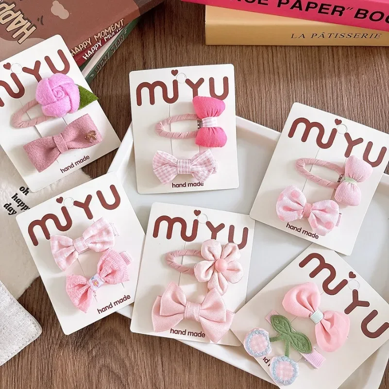 2Pcs Pink Floral Girls Hair Clip Kawaii Sweet Flower Bow knot Baby Hairgrips Cutton dot spot Fragmented Bangs Hair Accessories