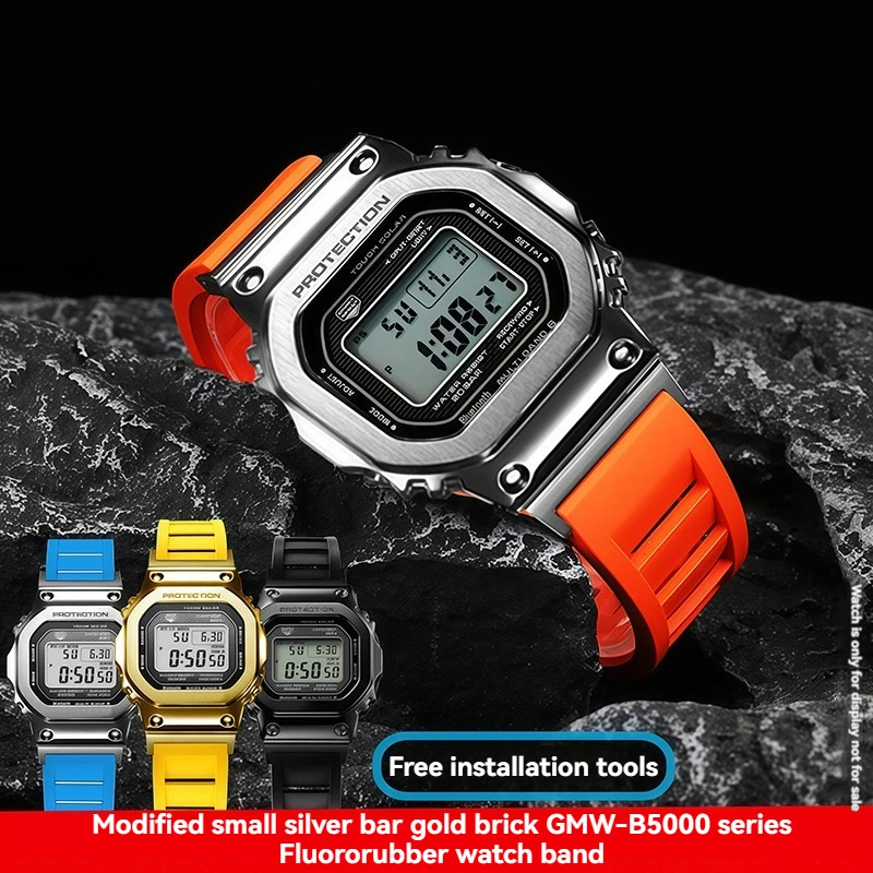 تعديل الفلور المطاط حزام الساعات ل كاسيو GMW-B5000 Gmw b5000 GM-B2100 سلسلة الرجال الرياضة حزام مقاوم للماء واجهة معدنية