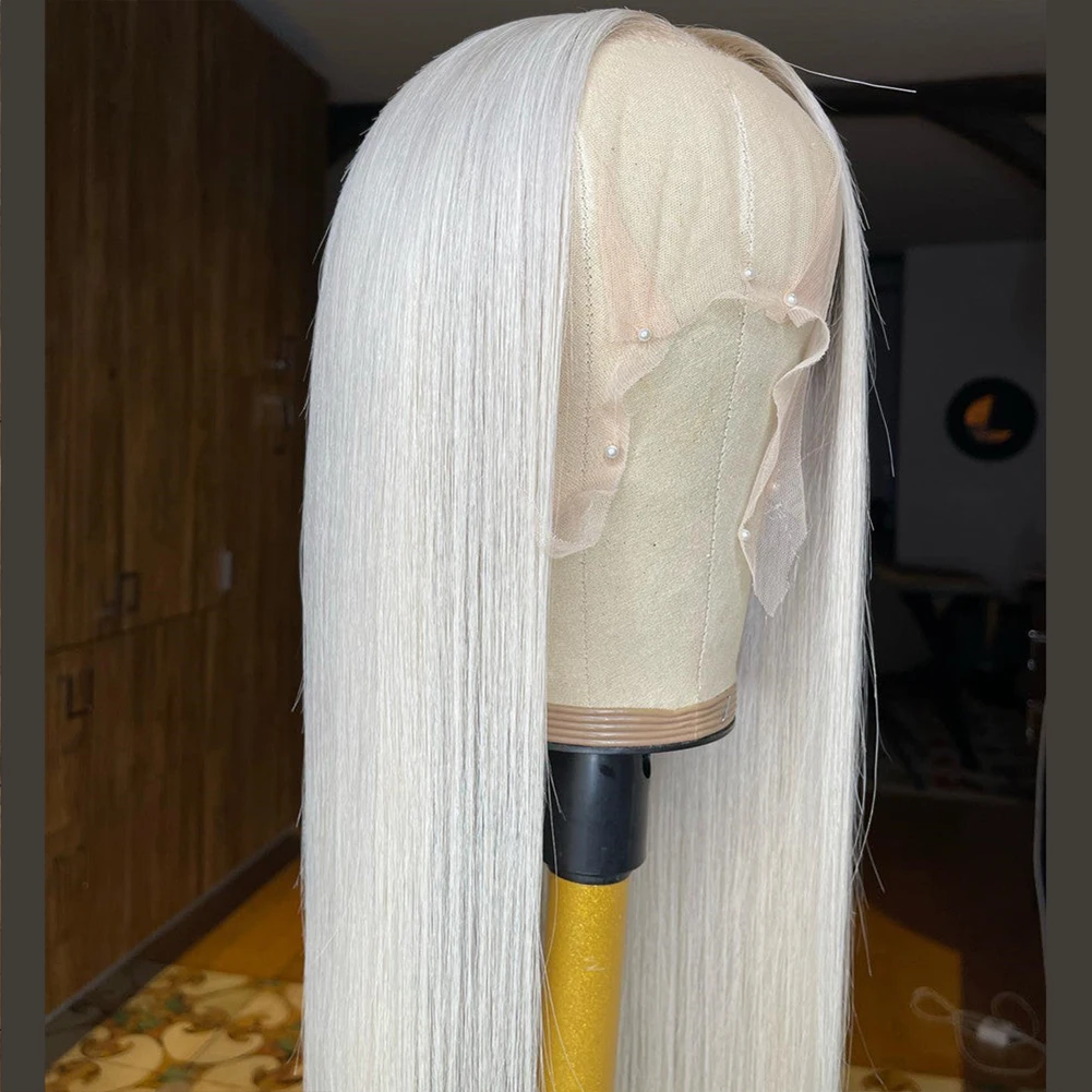 AIMEYA Synthetic Lace Wig Long Straight Synthetic Wig Natural Hairline Blonde White Wigs Cosplay Daily Hair Lace Wigs For Women