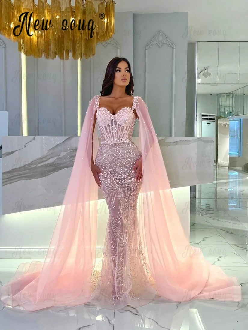 2024 Pink Pageant Cocktail Dress Long Cape Sleeve Wedding Evening Night Dress Arabic Mermaid Formal Occasion Dresses Customize