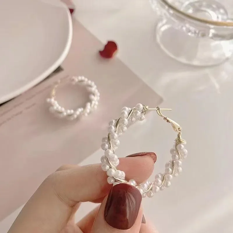 Korean Fashion Weaving Twisted Imitation Pearl Large Ring Earrings Women's Elegant Temperament Jewelry Holiday Party Accessories image 6