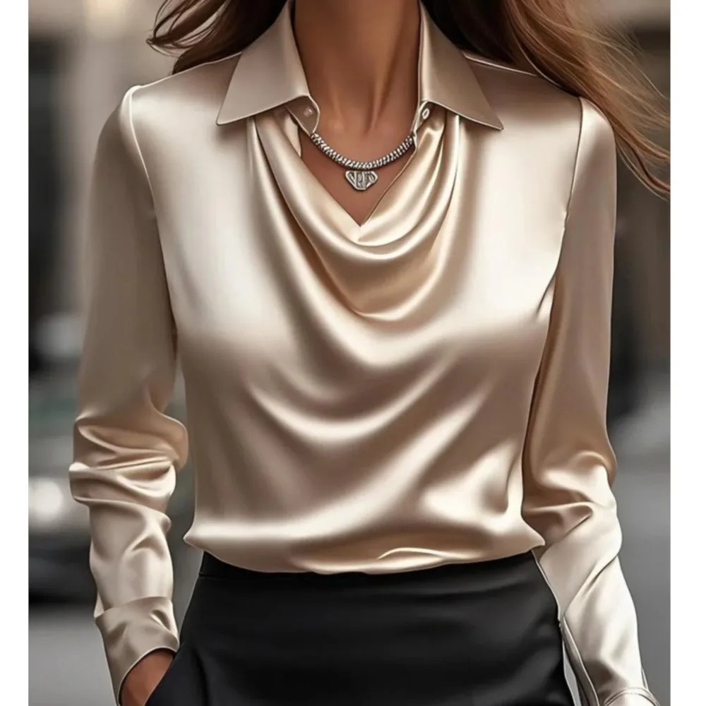 Satin Women's Shirt Retro Long Sleeved Spring Autumn New Style Solid Color Simple Swing Collar Shirt Collar Women's Top