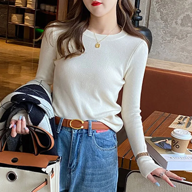 

Новые женские вязаные свитера-пуловеры с длинным рукавом и круглым вырезом, облегающие, белые, Q3389