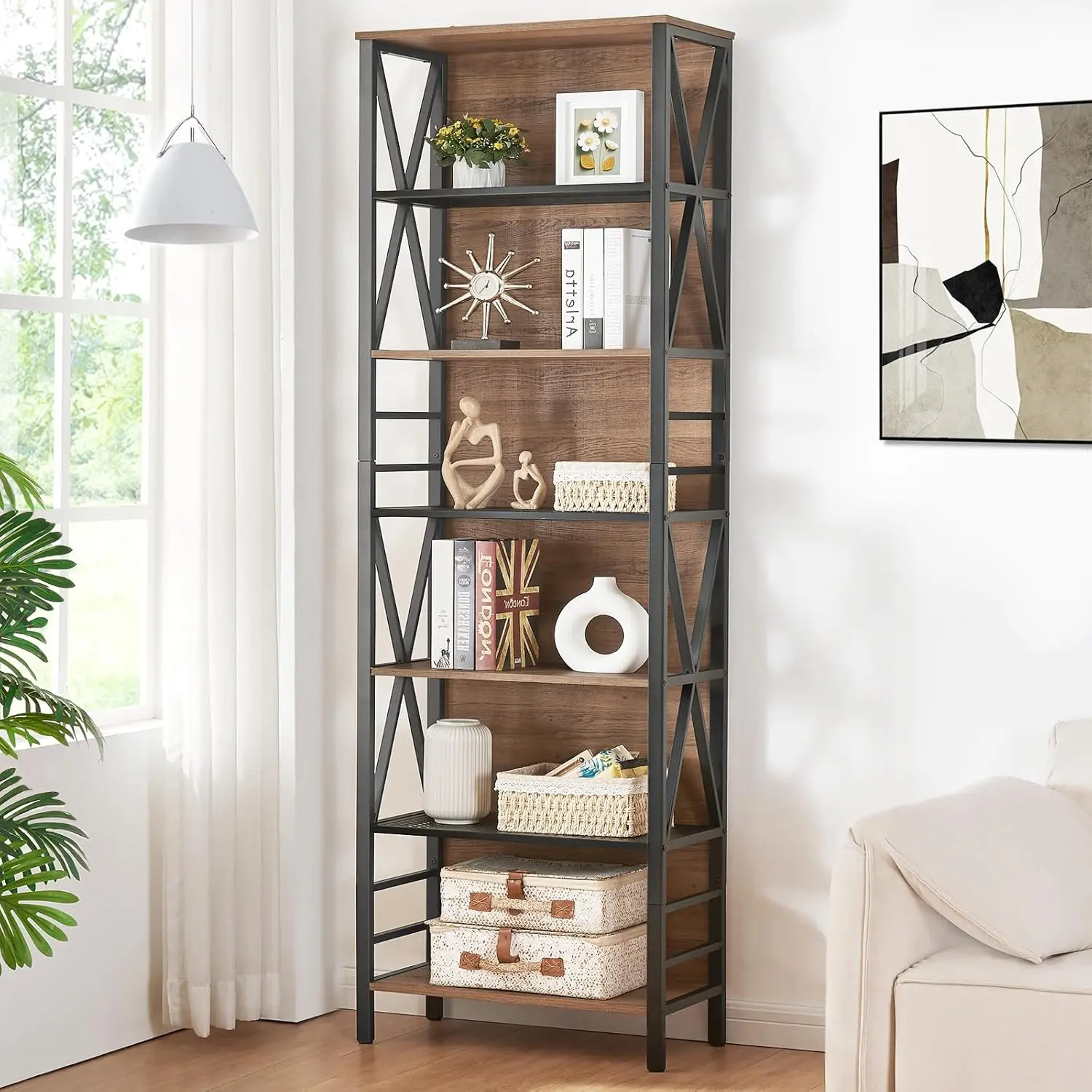 Bookshelf, 7-Tier Bookshelf, Rustic Wood Metal Bookshelves and Bookcases, Freestanding Open Bookshelf, Industrial Tall Bookcase