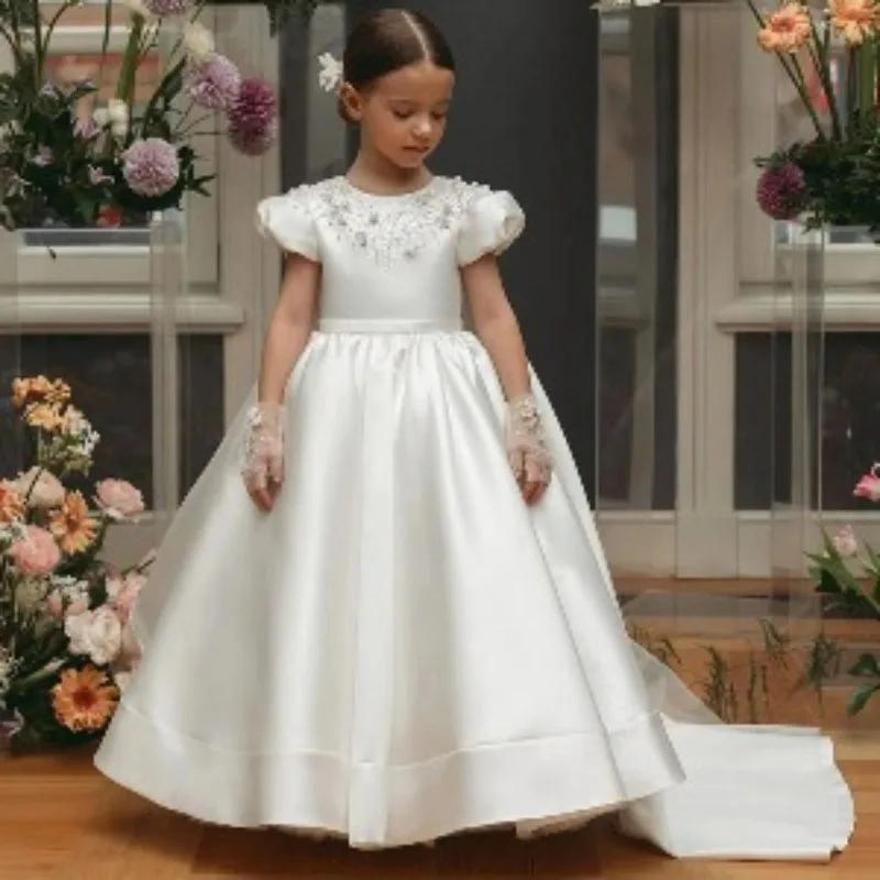 White Children Girls Princess Party Dress with Long Train Flower Girl Wedding Gown Host Piano Performance Kids Birthday Pageant