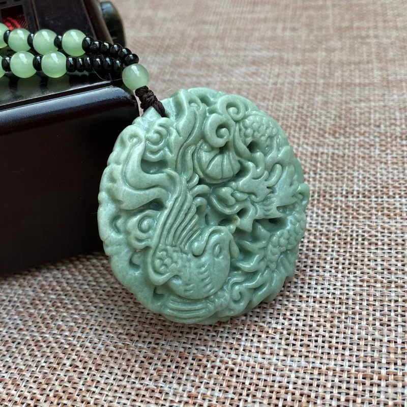 

Natural Bean Green Handicraft Sculpture Dragon and Phoenix Jade Pendant Men's and Women's Loan Chain Gifts