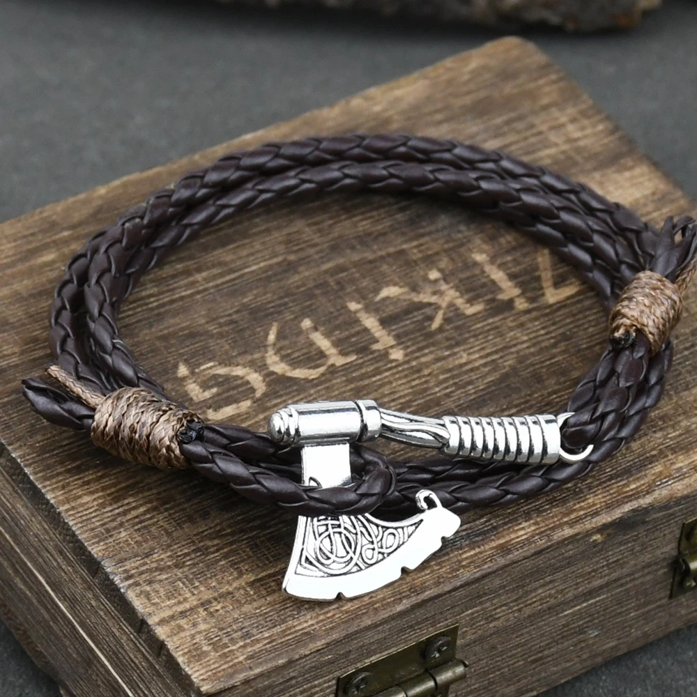 Mens Axe Viking Bracelet Irish Knot Hatchet Handmade Braided Multilayer Leather Pirate Bracelet For Male Hand Jewelry