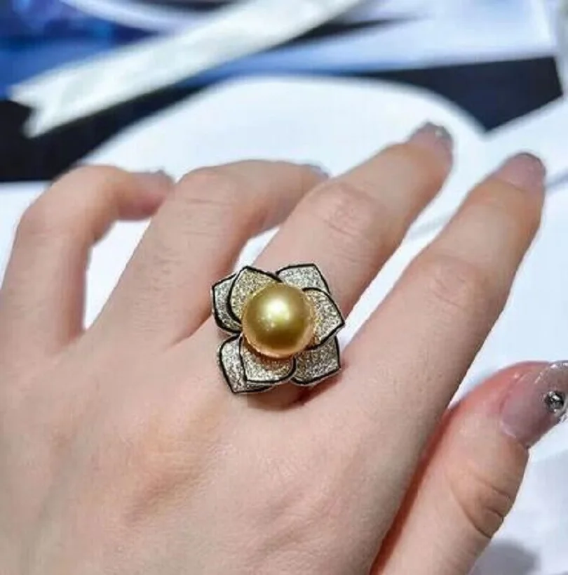 Gorgeous AAAAA++++ 10mm Genuine Natural South Sea Golden Stud round Pearl Ring