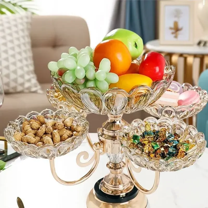 

European-style light luxury crystal glass rotating fruit plate, living room coffee table, household multi-layer snacks, dried fr