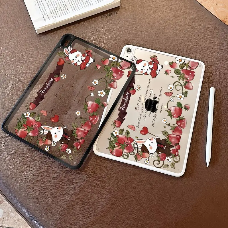 Transparent Strawberry Cute Rabbit New Tablet Case For iPad Pro 11 12.9in 13 M4 9.7 10.2 5/6th 7/8/9 10 11th MINI Air 5 6 7 Case