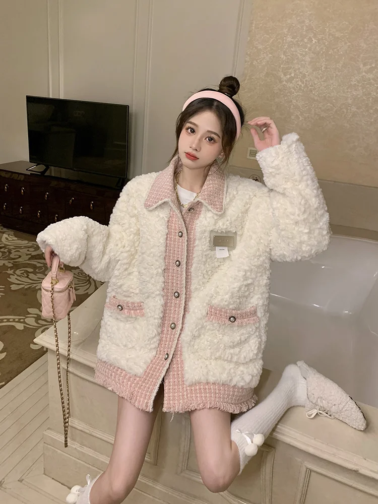 New Women Winter Retro Stitching Lapels Sweet Pink Lambswool Thickened Woolen Coat Female Tide Jacket