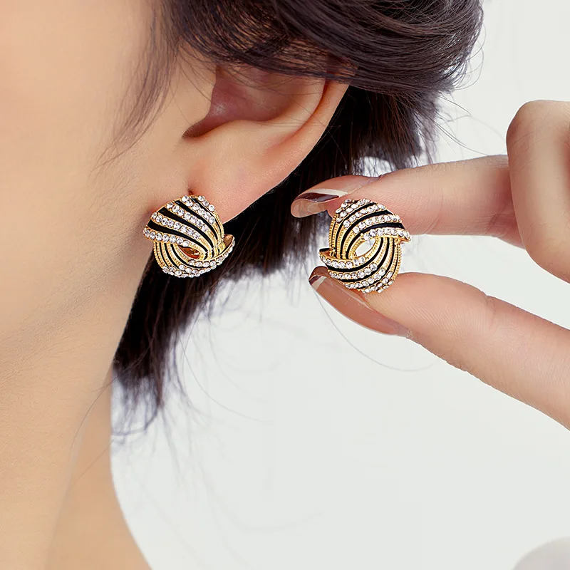 

Black striped zircon stud earrings light luxury high-end fashion earrings personality full of diamonds earrings