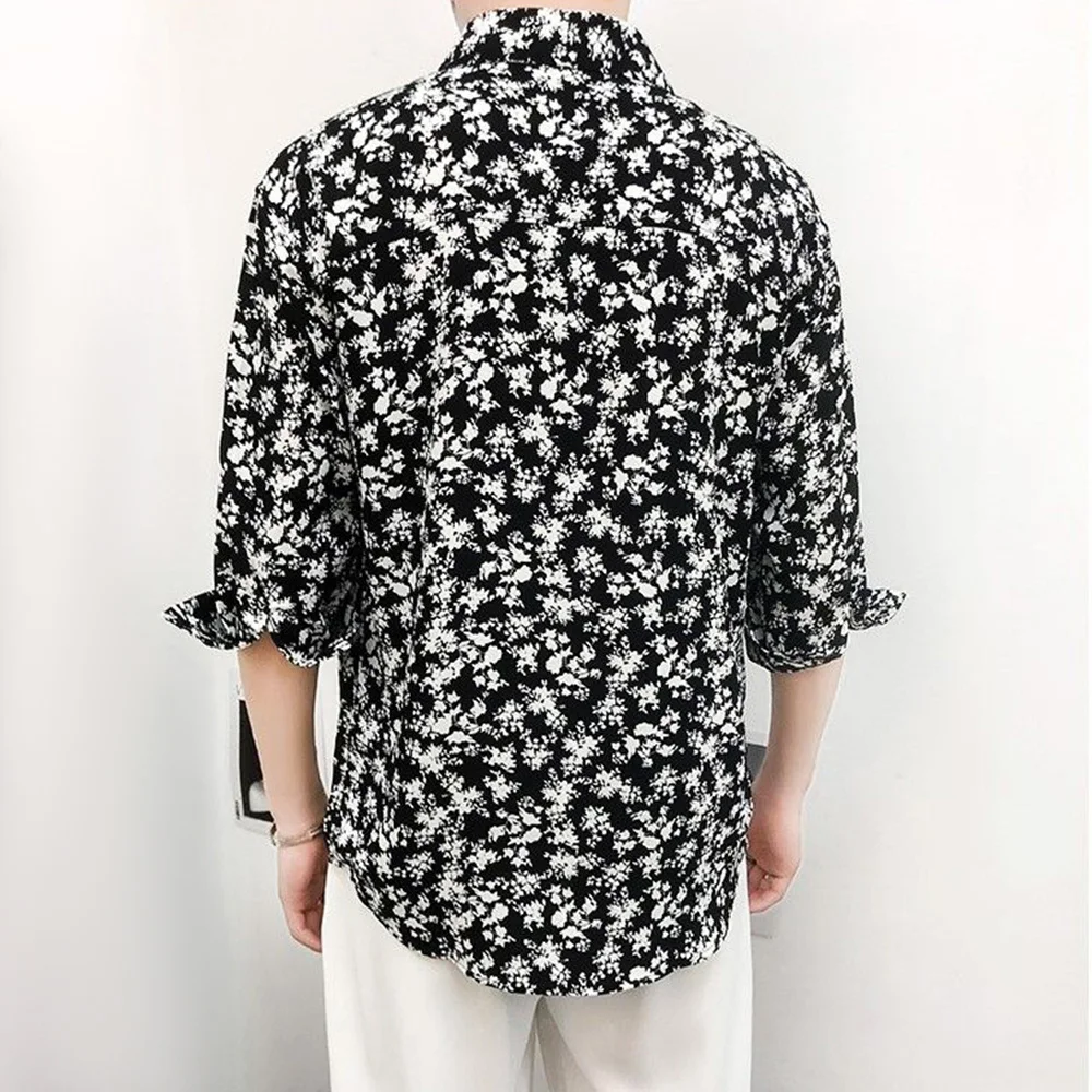 Mens Y2k Casual Floral Print Shirt 2024 Summer Harajuku Daily Versatile Temperament Personality Three-Quarter Sleeve Mens Top