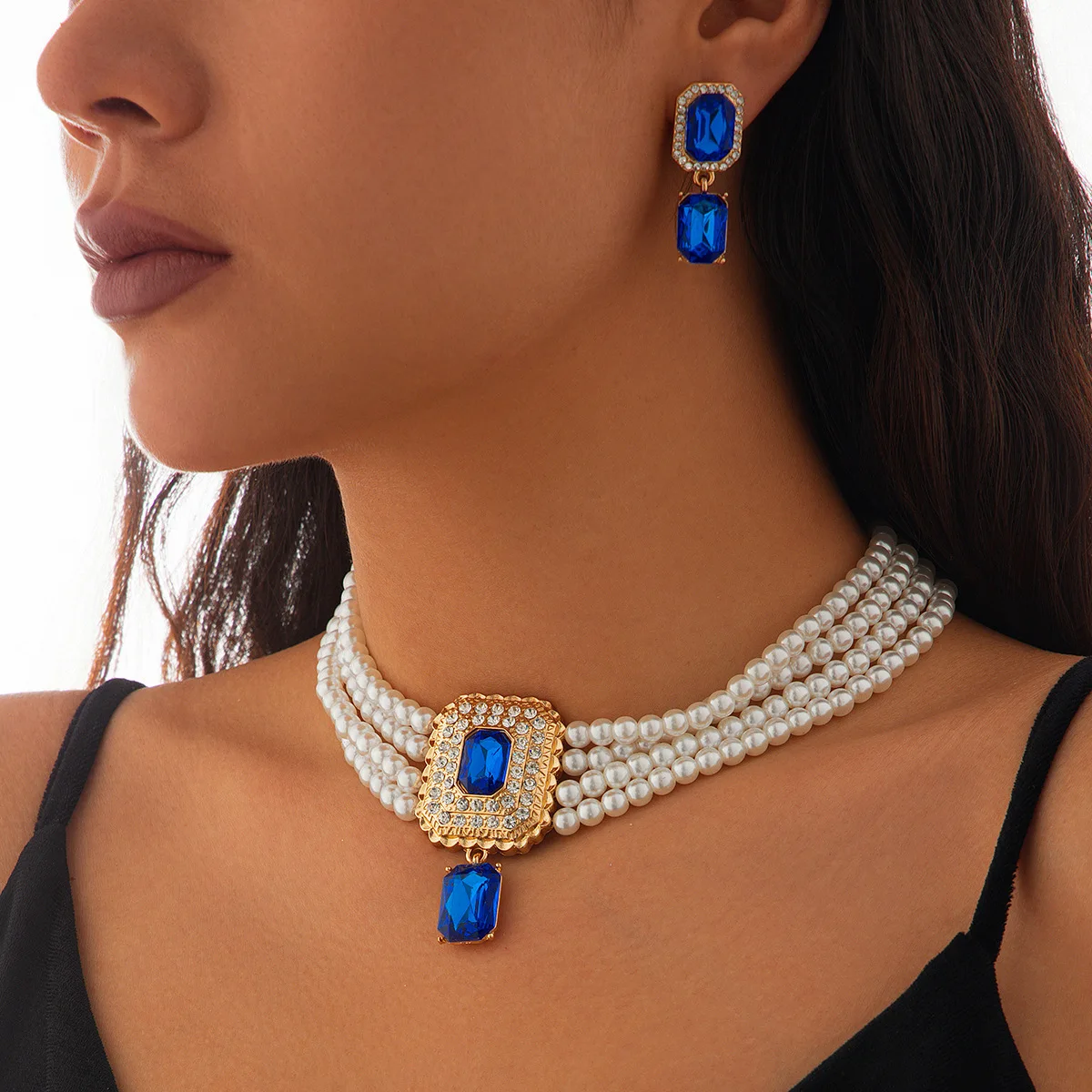 Multi Layer Faux Pearl Choker Necklace Vintage Square Rhinestone Gemstone French Elegant Metal Link Chain Lightweight